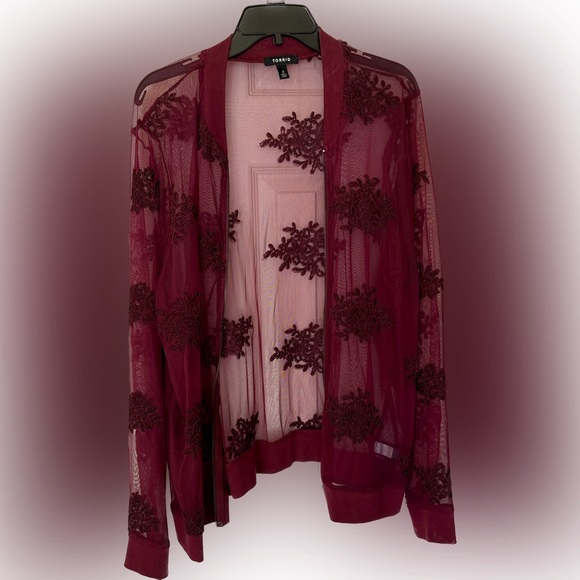 torrid Jackets & Blazers - Mesh ox blood bomber jacket with floral lace detail